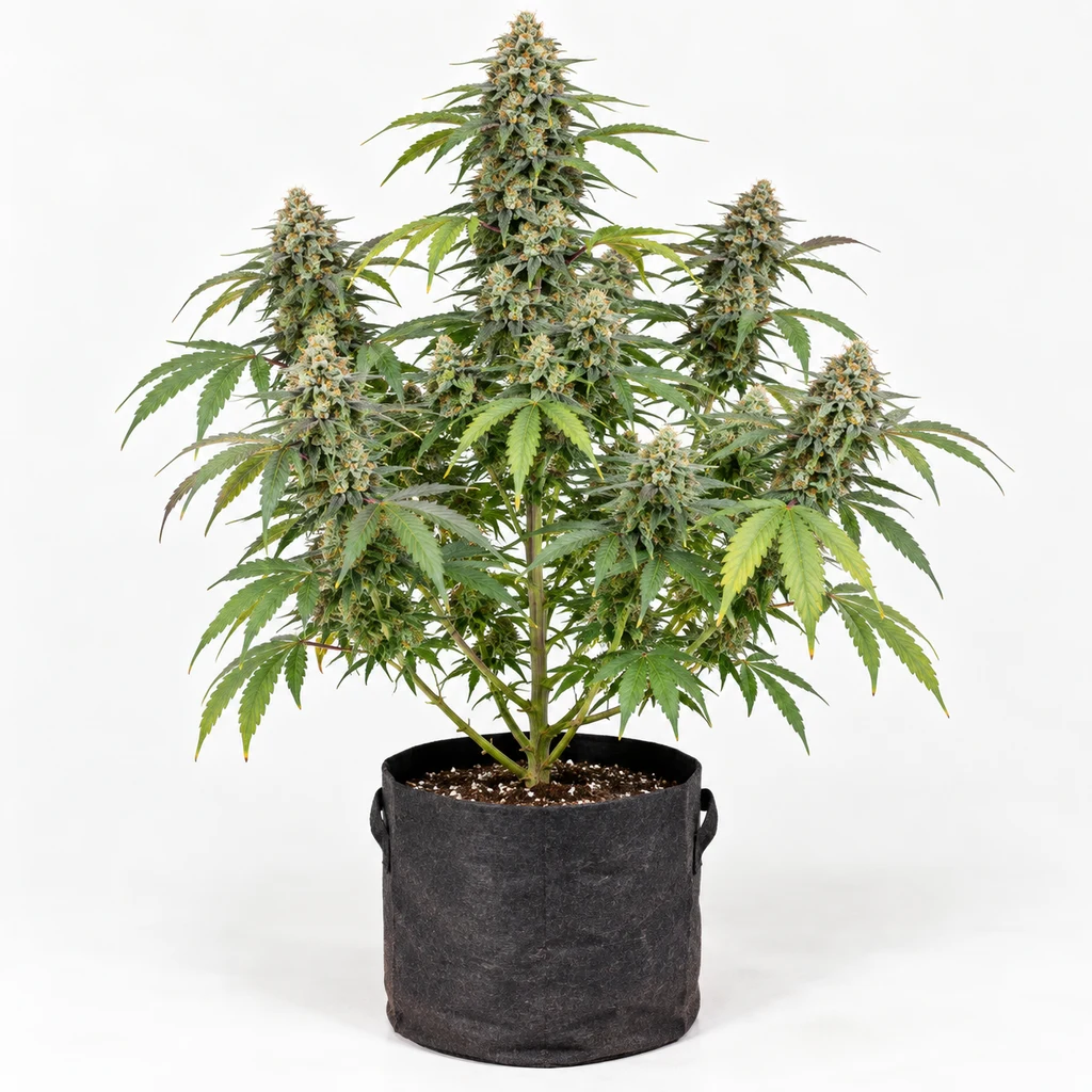 Ilustración de una planta en floración para la ficha de Green Punch Feminizada, con varias colas florales en una maceta negra sobre fondo blanco.