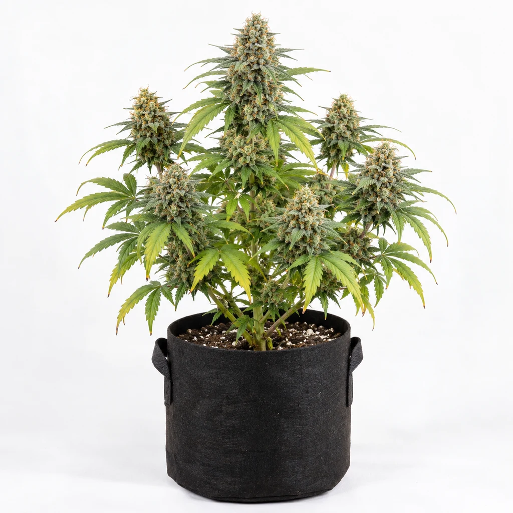 Ilustración de una planta de cannabis en floración para la ficha de Smoothie Auto, con cogollos densos y maceta negra sobre fondo blanco.