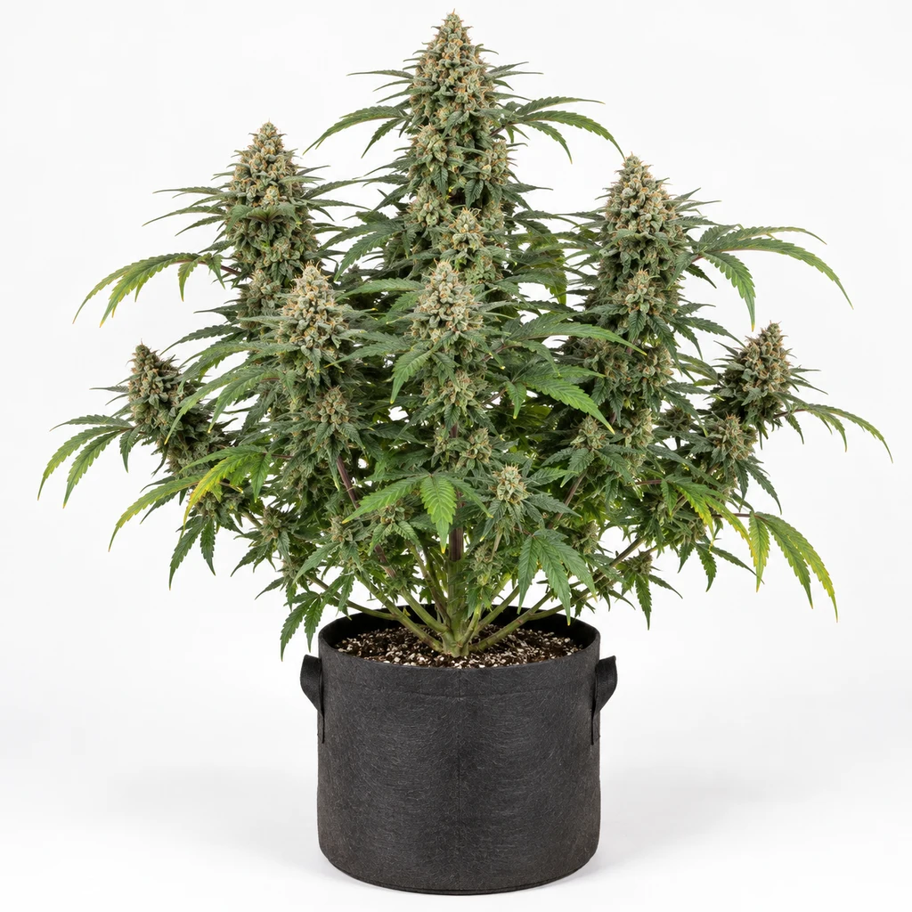 Ilustración de una planta de cannabis con abundantes flores y maceta negra para la ficha de BCN Critical XXL Fast Feminizada.