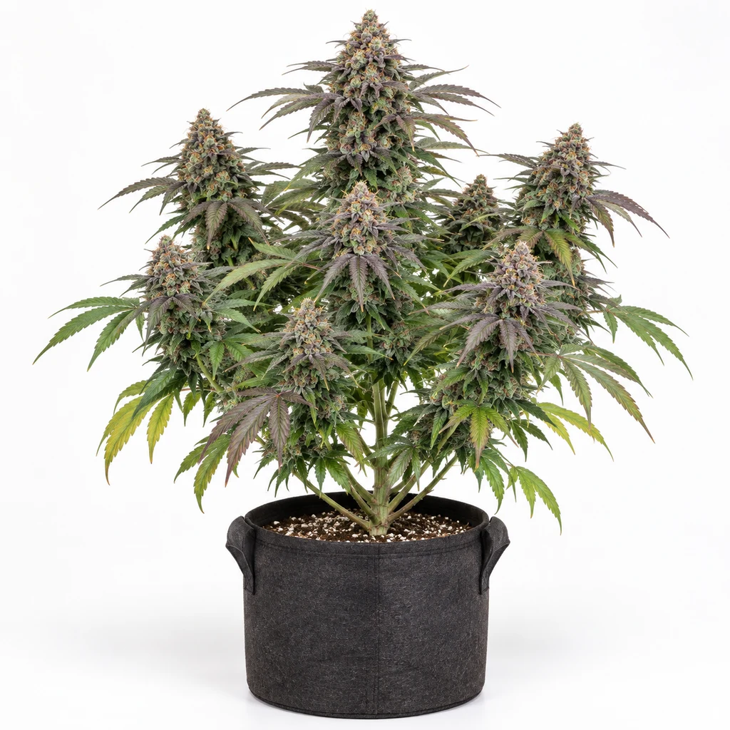 Ilustración de una planta en floración con hojas verdes y moradas en maceta negra para la ficha de 33 French Feminizada.