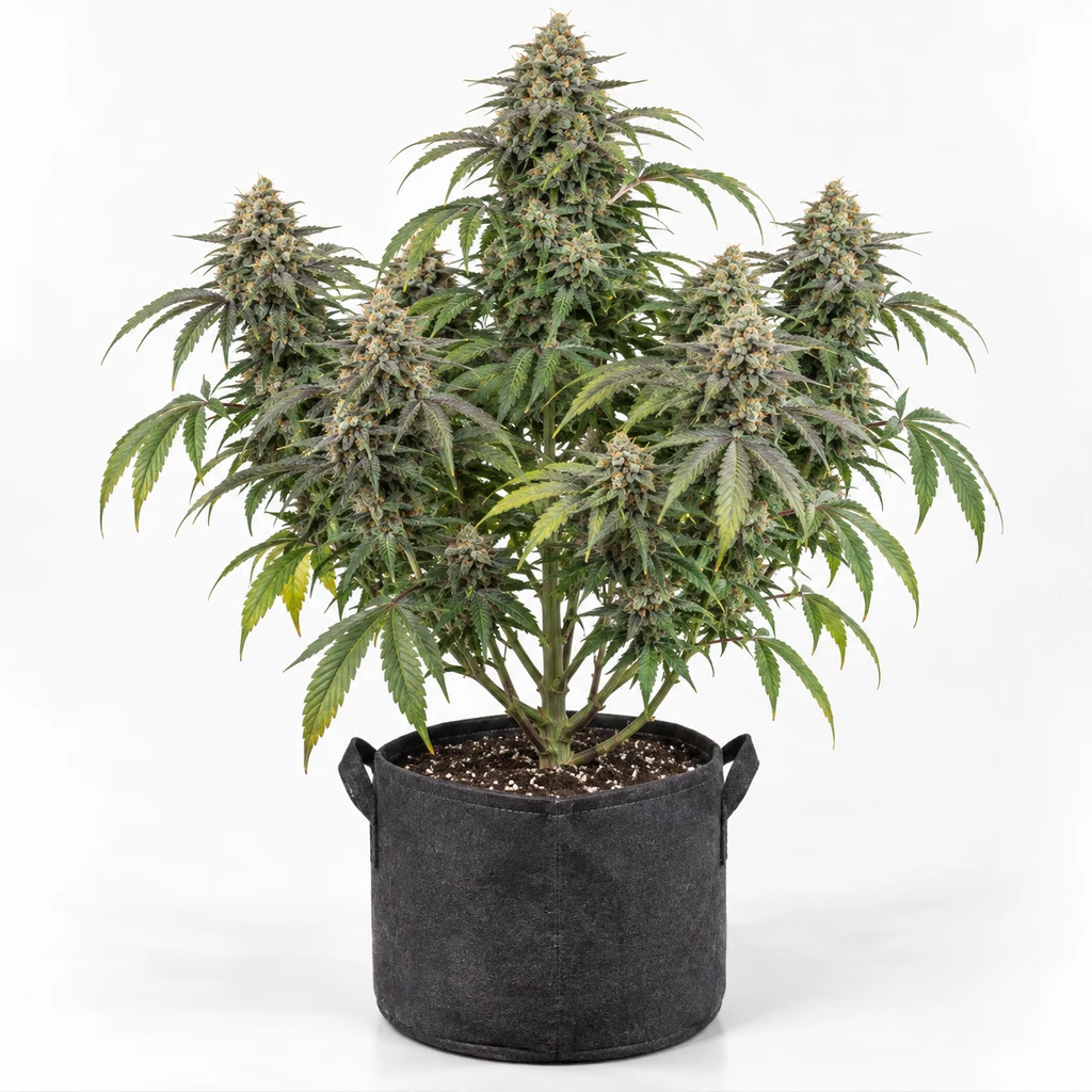 Ilustración de una planta de cannabis con cogollos densos y maceta negra para la ficha de Payton Delight Feminizada, sobre fondo blanco.
