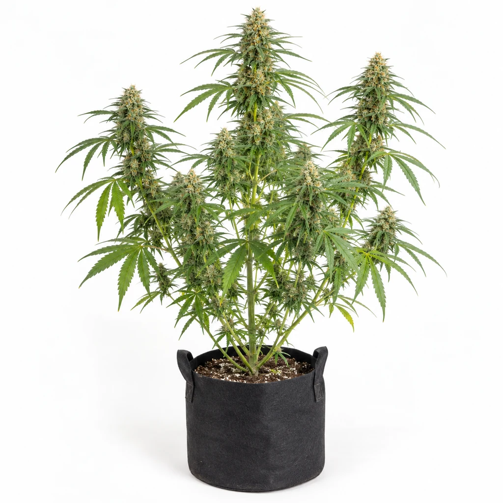 Ilustración de una planta en floración para la ficha de Easy Sativa Feminizada, con cogollos alargados y maceta de tela negra.