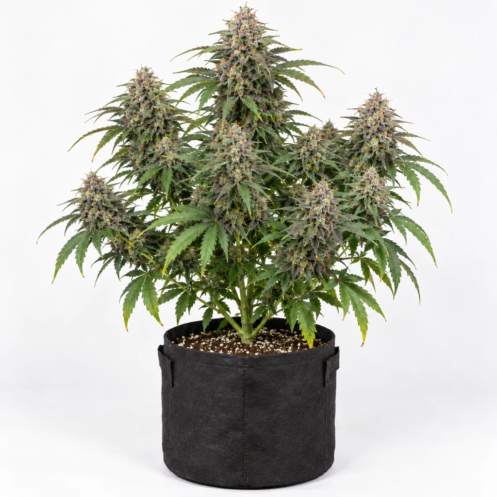 Ilustración de una planta de cannabis en floración para la ficha de Blueberry Cheese Auto, con varios cogollos y maceta negra sobre fondo blanco.