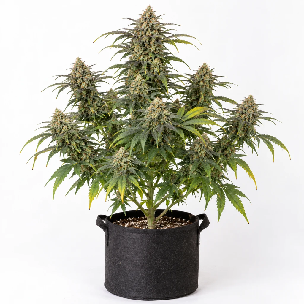 Ilustración de una planta de cannabis en floración en maceta negra, sobre fondo blanco, para la ficha de Auto Baker's Delight de DNA Genetics.