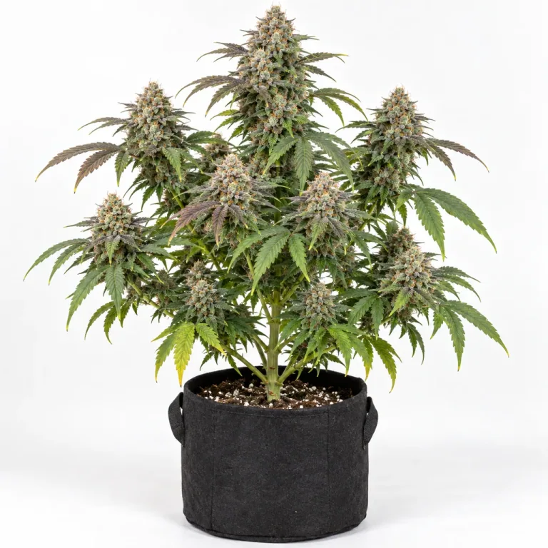 Ilustración de una planta en floración con varios cogollos y hojas verdes y moradas en maceta negra para la ficha de Ztrawberry Soup Regular.