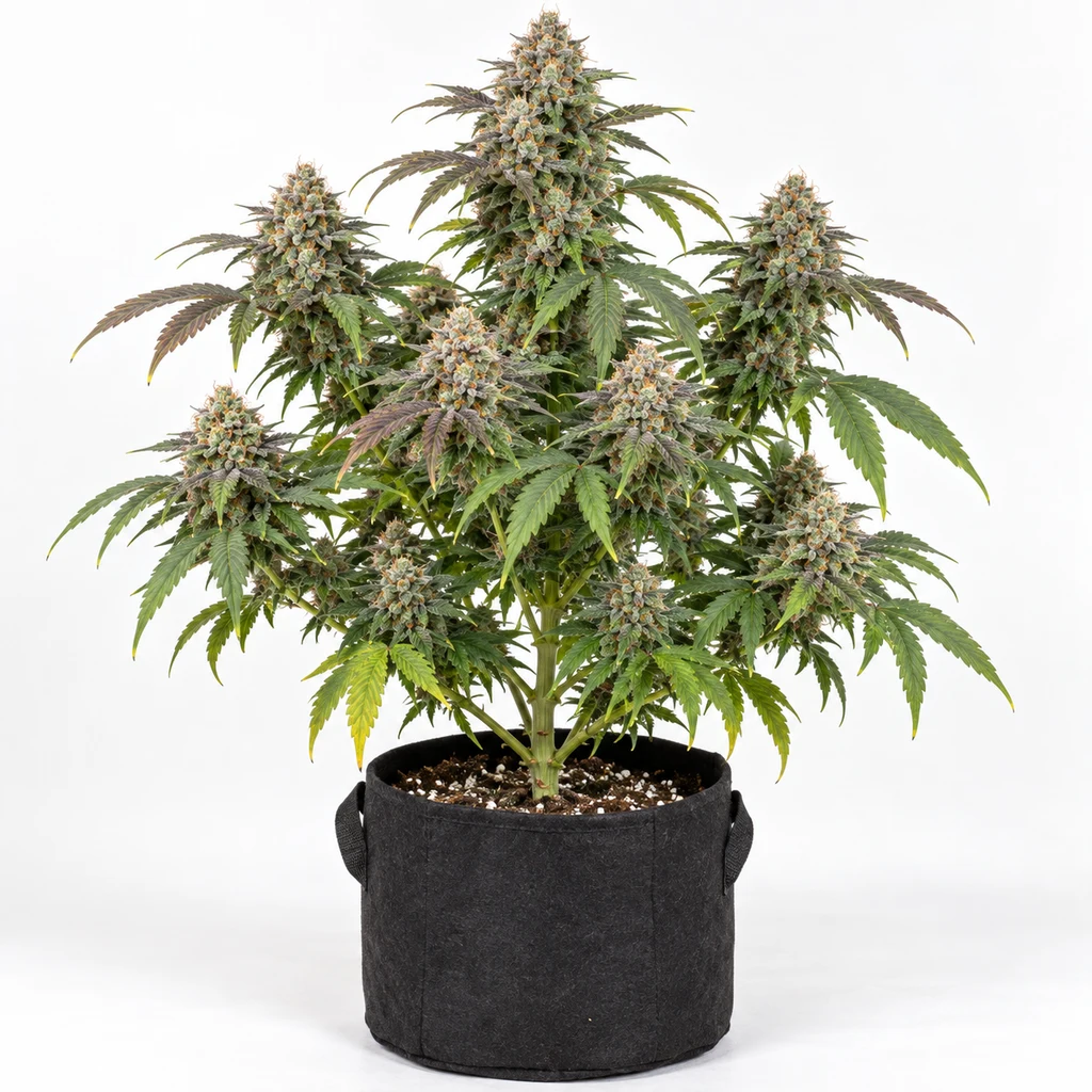 Ilustración de una planta en floración con varios cogollos y hojas verdes y moradas en maceta negra para la ficha de Ztrawberry Soup Regular.