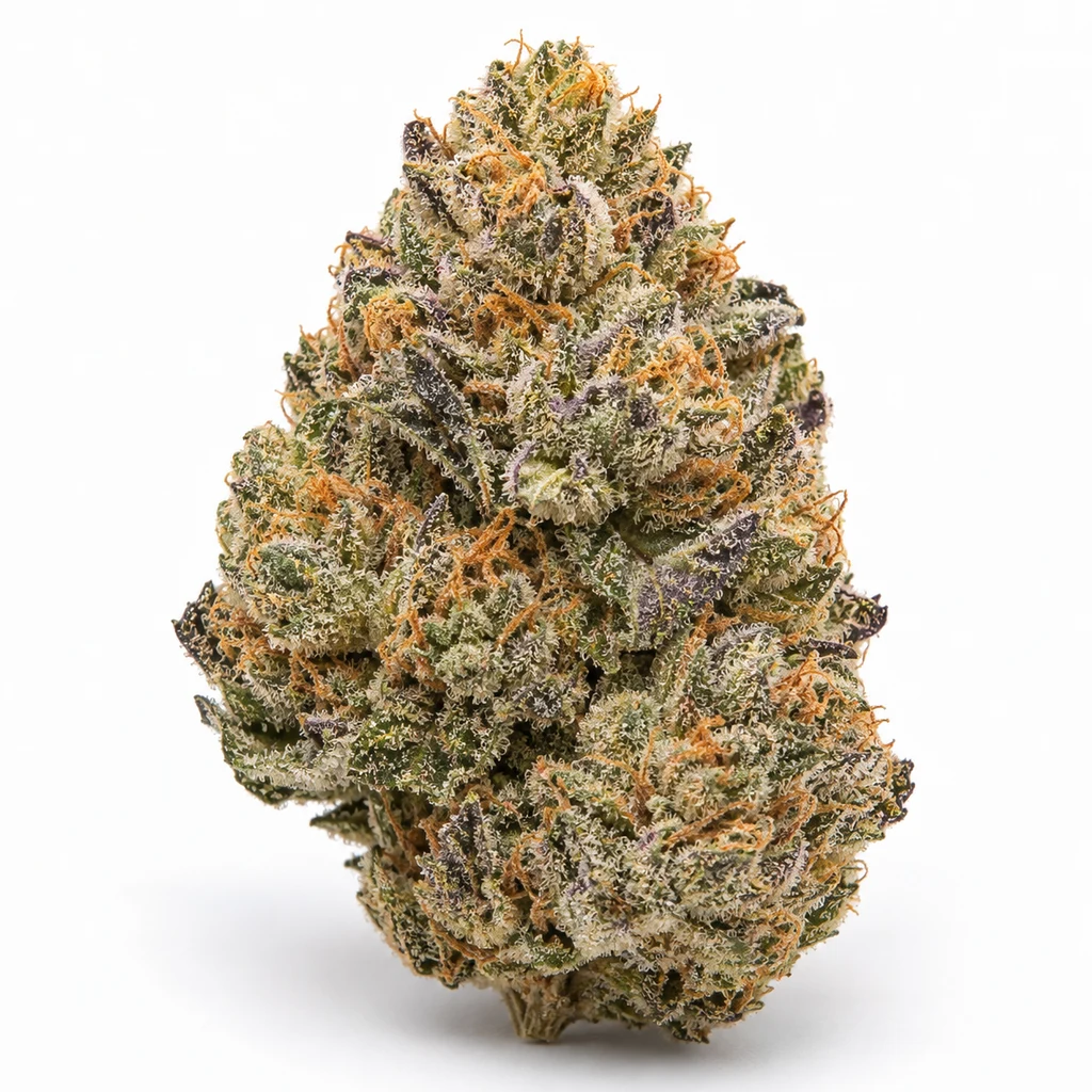 Ilustración de un cogollo verde y morado con pistilos naranjas para la ficha de Pamellowz Papaya x Mellowz #8 Feminizada.