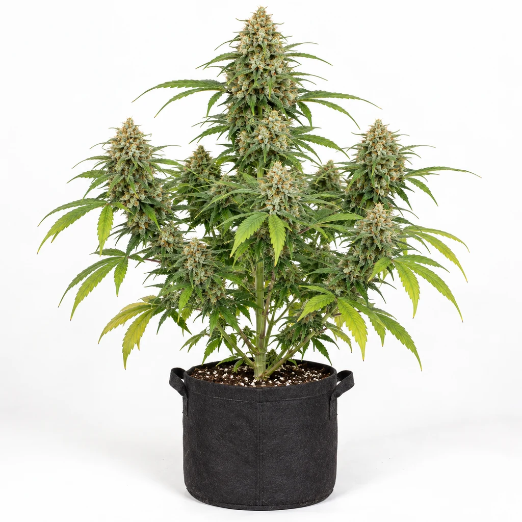 Ilustración de una planta en floración para la ficha de Auto Critical Lemon CBD, con cogollos alargados y hojas verdes y amarillas.