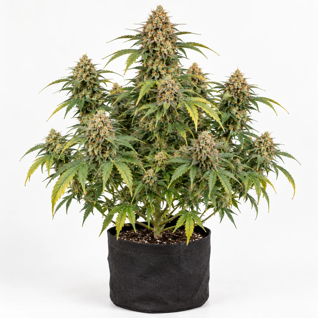 Ilustración de una planta en floración en maceta negra para la ficha de Auto Critical Orange Punch, con cogollos y hojas verdes y amarillas.