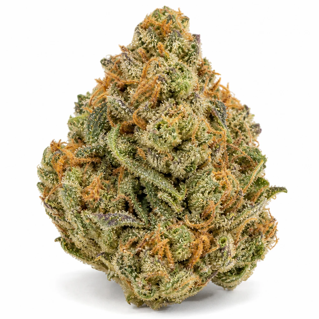 Ilustración de un cogollo verde con pistilos anaranjados y superficie blanquecina para la ficha de Pineapple Fruit x Alien Rock Feminizada.