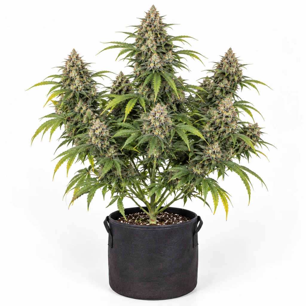 Ilustración de una planta ramificada en maceta negra, con varias colas florales, para la ficha de Sweet Zenzation XL Auto.