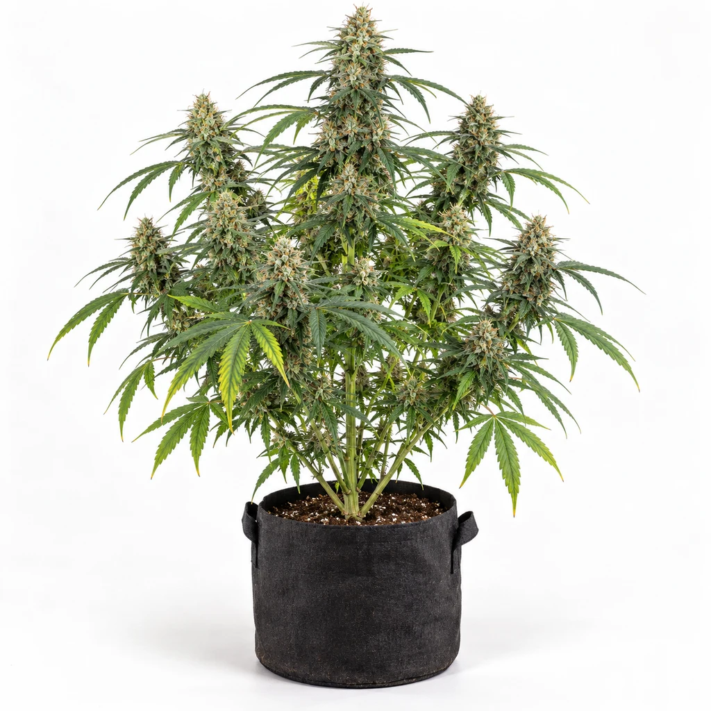 Ilustración de una planta en floración en maceta negra, con varias ramas y cogollos, para la ficha de Sour Diesel Feminizada.