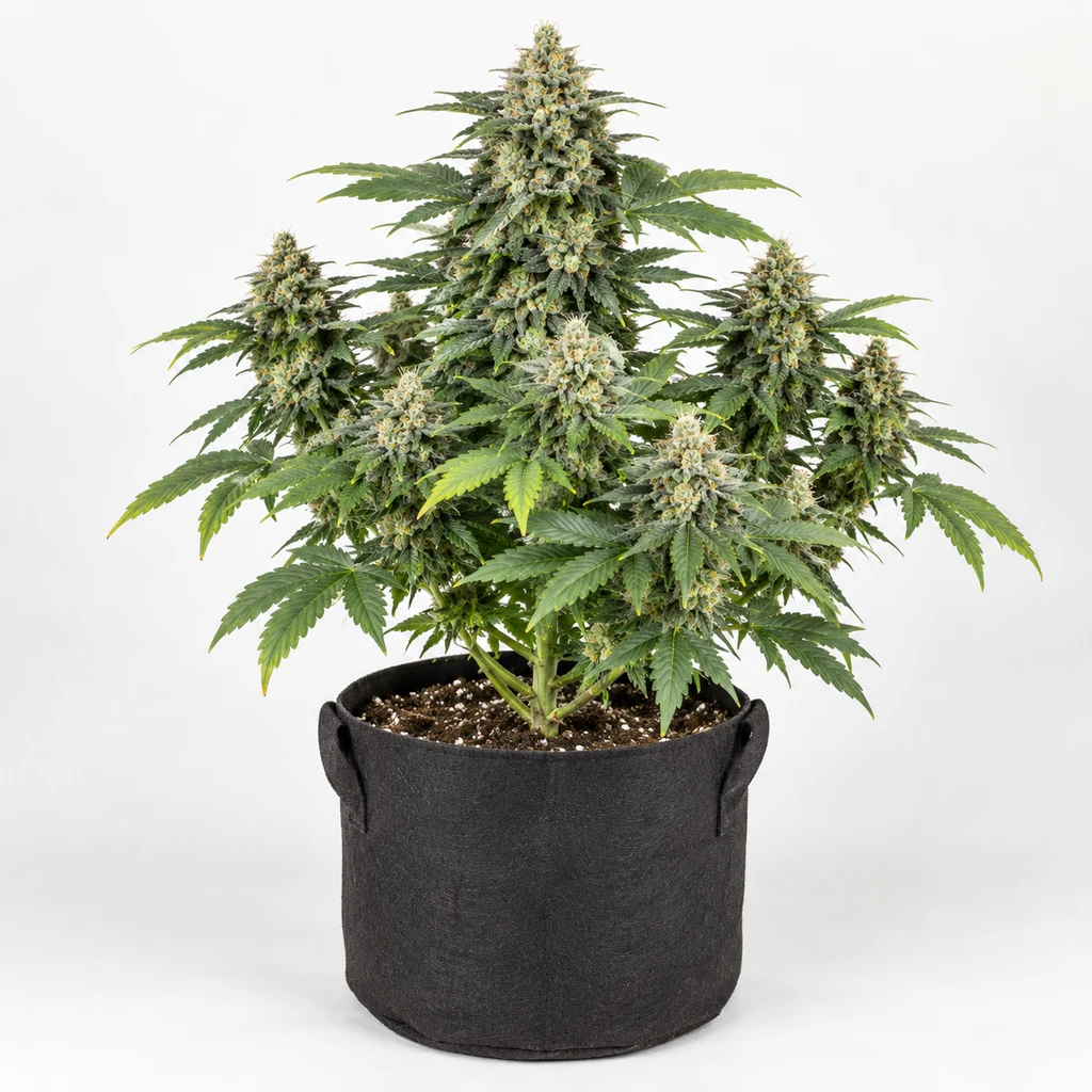 Ilustración de una planta en floración para la ficha de Super Skunk Automatic de White Label, en maceta negra sobre fondo blanco.