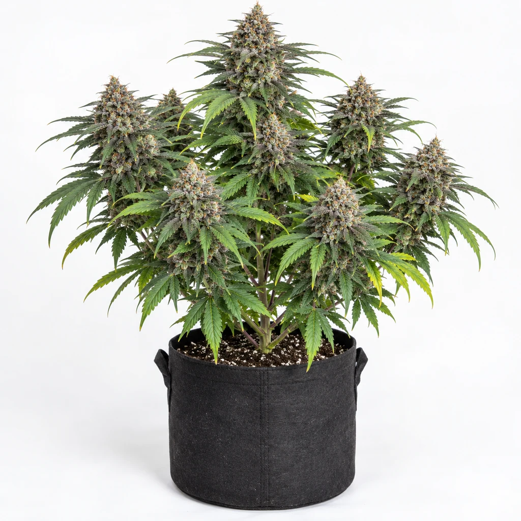 Ilustración de una planta con varios cogollos y hojas verdes en maceta negra para la ficha de Kush Mintz x Zkittlez Regular.