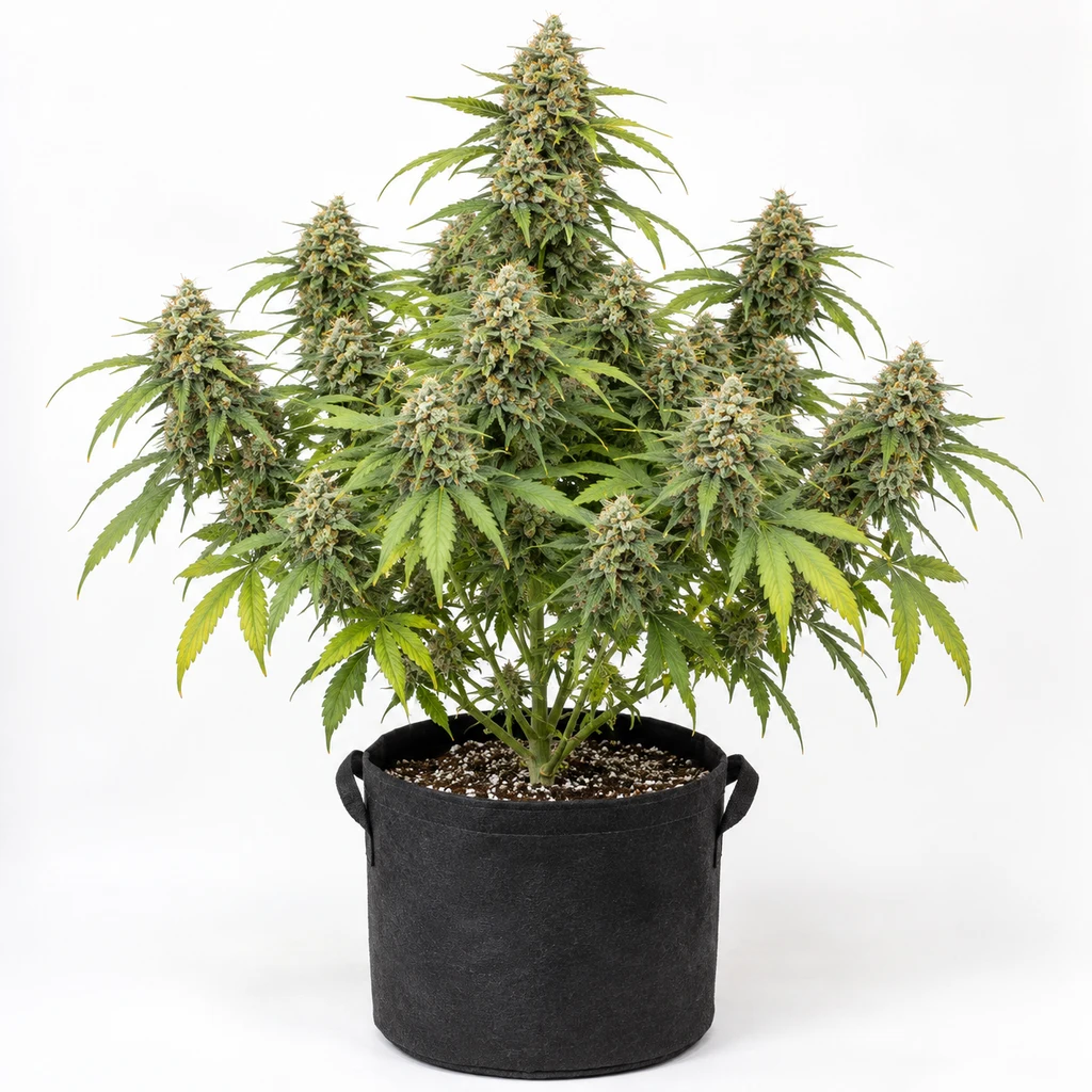 Ilustración de una planta de cannabis en floración para la ficha de Six Shooter Auto, con cogollos abundantes y maceta textil negra.