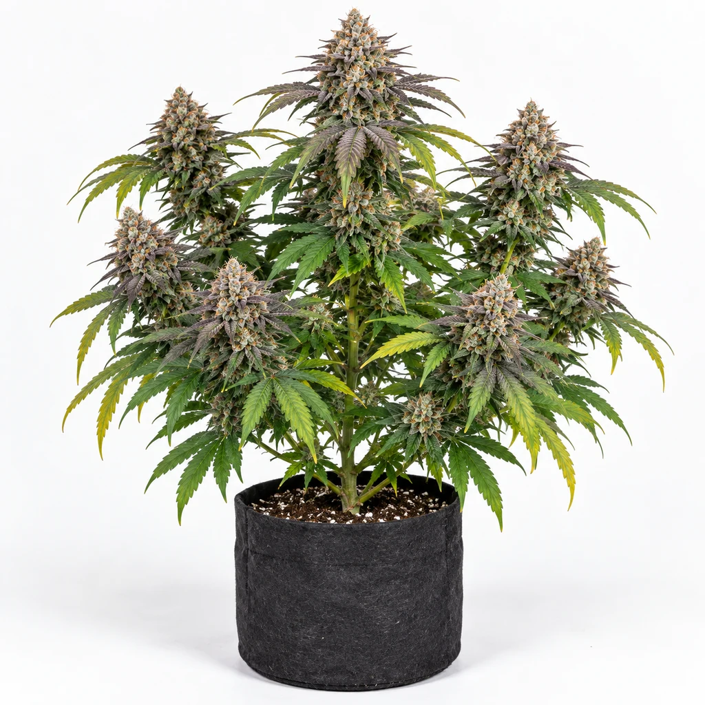 Ilustración de una planta en floración en maceta negra, con cogollos y hojas verdes y moradas, para la ficha de Rainbow Sherbet #11 Feminizada.