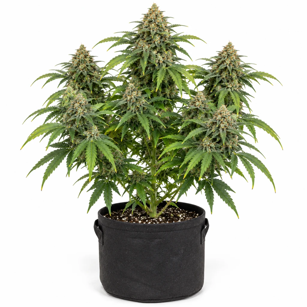Ilustración de una planta de cannabis con flores abundantes en maceta negra para la ficha de Northern Lights Regular de PEV Seeds.