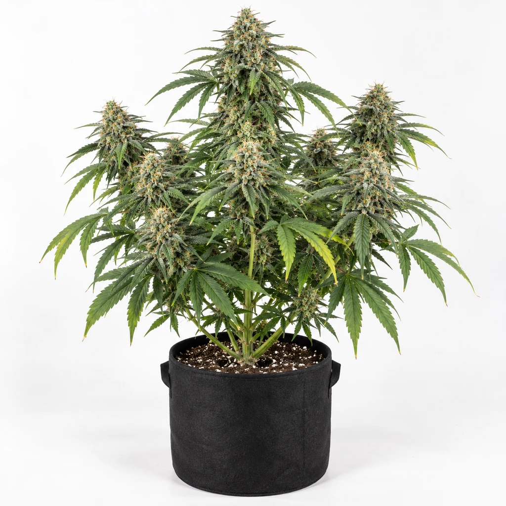 Ilustración de una planta en floración para la ficha de Future #1® Feminizada, con varias colas florales en maceta textil negra sobre fondo blanco.