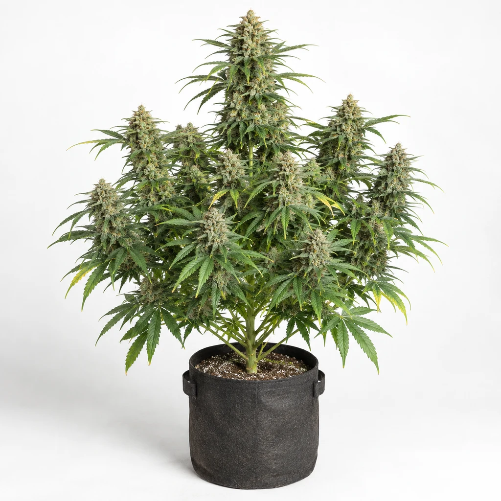Ilustración de una planta en floración para la ficha de Bigger Bud Feminizada, con numerosos cogollos y hojas verdes en una maceta negra.