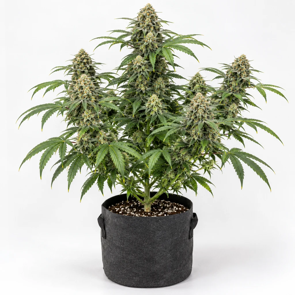 Ilustración de cannabis con cogollos alargados y hojas verdes en maceta con asas, para la ficha de Elixir Vitae CBD Feminizada.