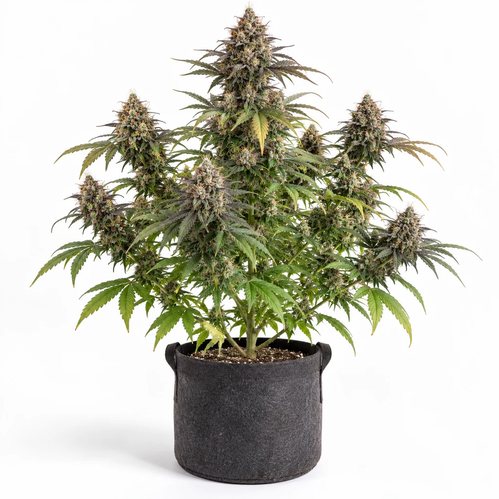 Ilustración de una planta de cannabis en maceta oscura, con varias ramas floridas, para la ficha de Gelato Cherry Feminizada.