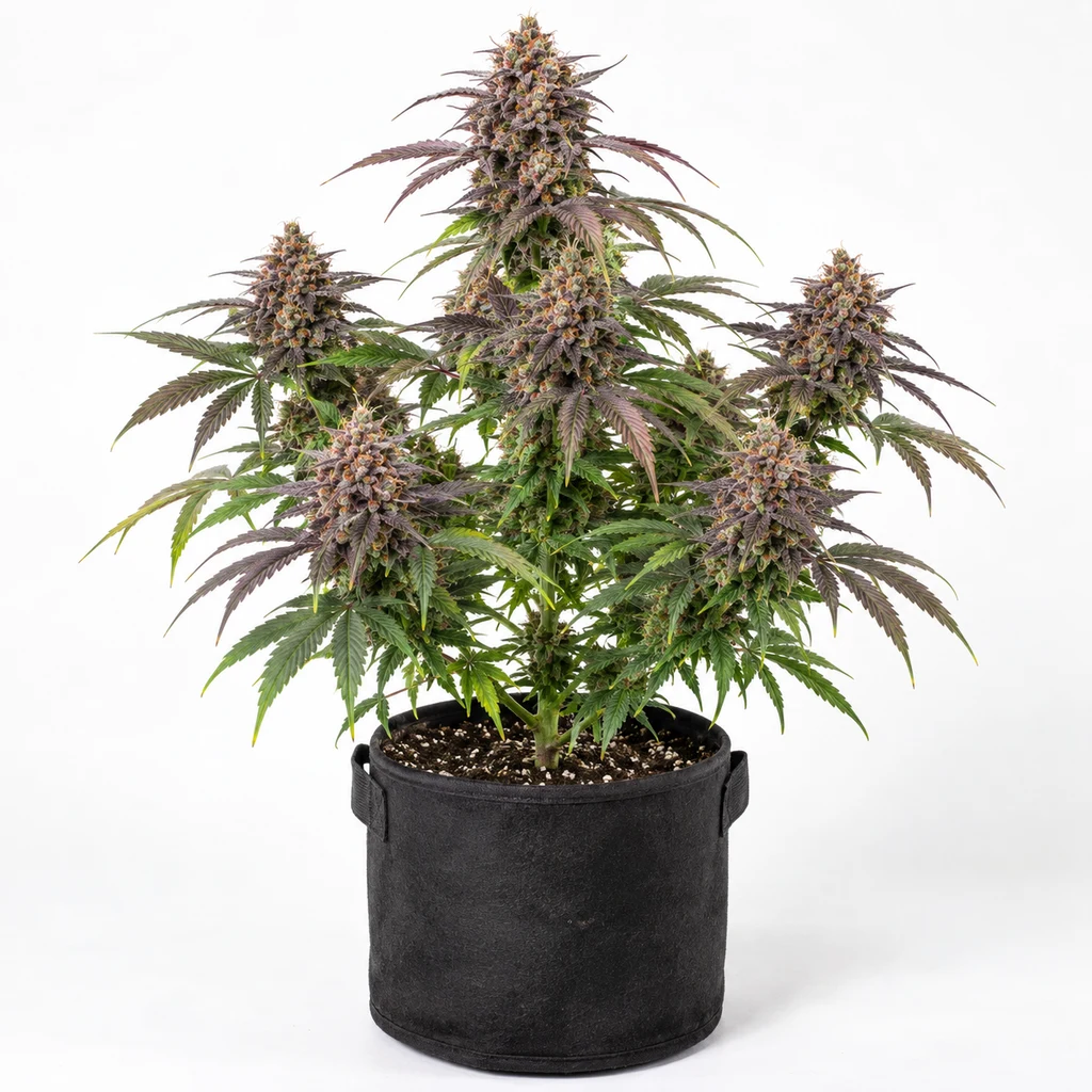 Ilustración de una planta de cannabis con flores y hojas verdes y moradas en maceta negra para la ficha de Red Velvet Auto Paradise.