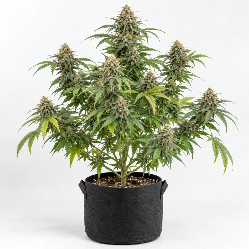 Ilustración de una planta en floración con varias ramas y maceta negra para la ficha de Afgooey Feminizada de Strain Hunters.