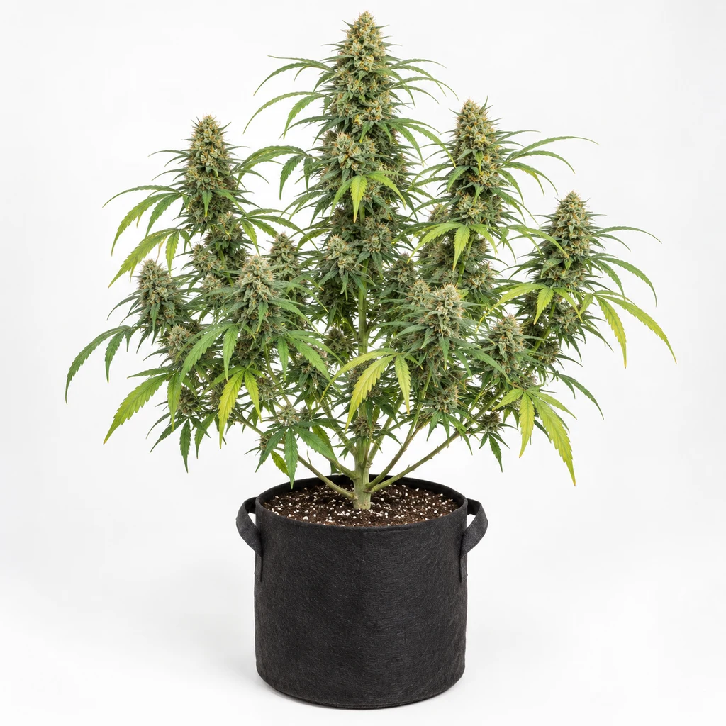 Ilustración de una planta en floración en maceta negra, con varias ramas y cogollos, para la ficha de Ripper Haze Feminizada.