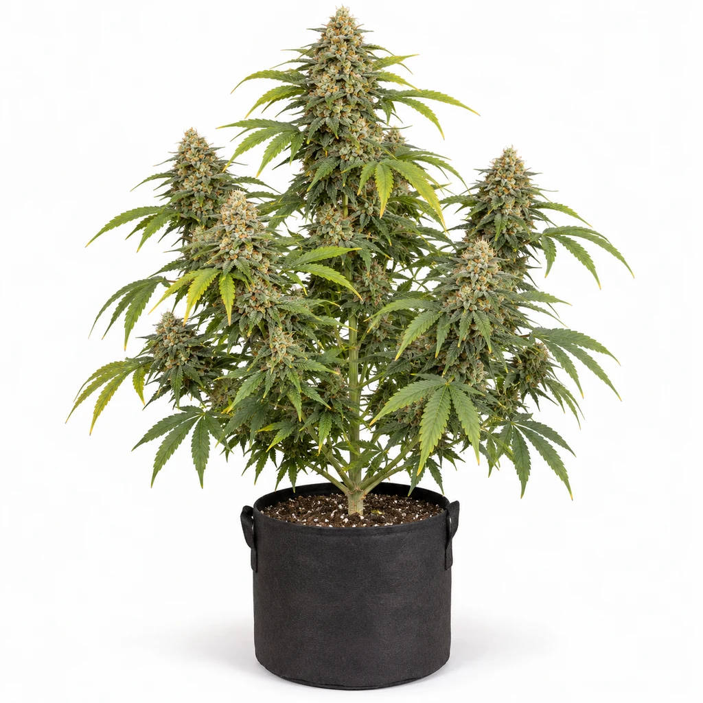 Ilustración de una planta de cannabis en maceta negra, con flores y hojas verdes, para la ficha de Honey Papaya Feminizada de G13 Labs.