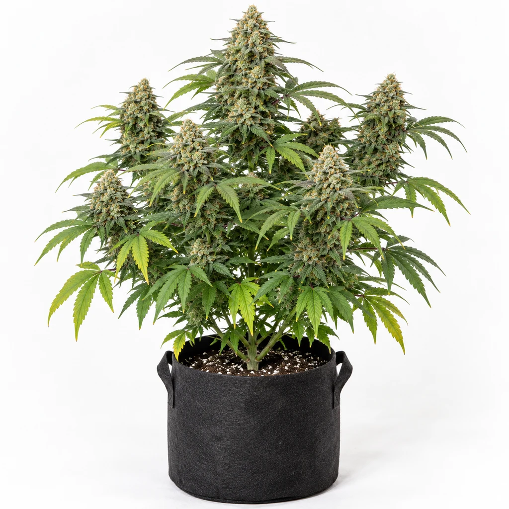 Ilustración de una planta de cannabis con abundantes cogollos y hojas verdes en maceta negra para la ficha de Auto Gelato Samba.