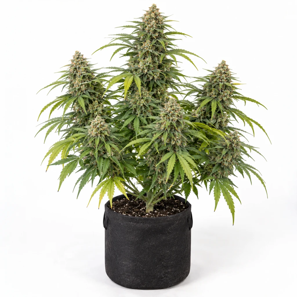 Ilustración de una planta ramificada con cogollos en maceta negra para la ficha de Amnesia Lemon Pie Feminizada – Garden Of Green.