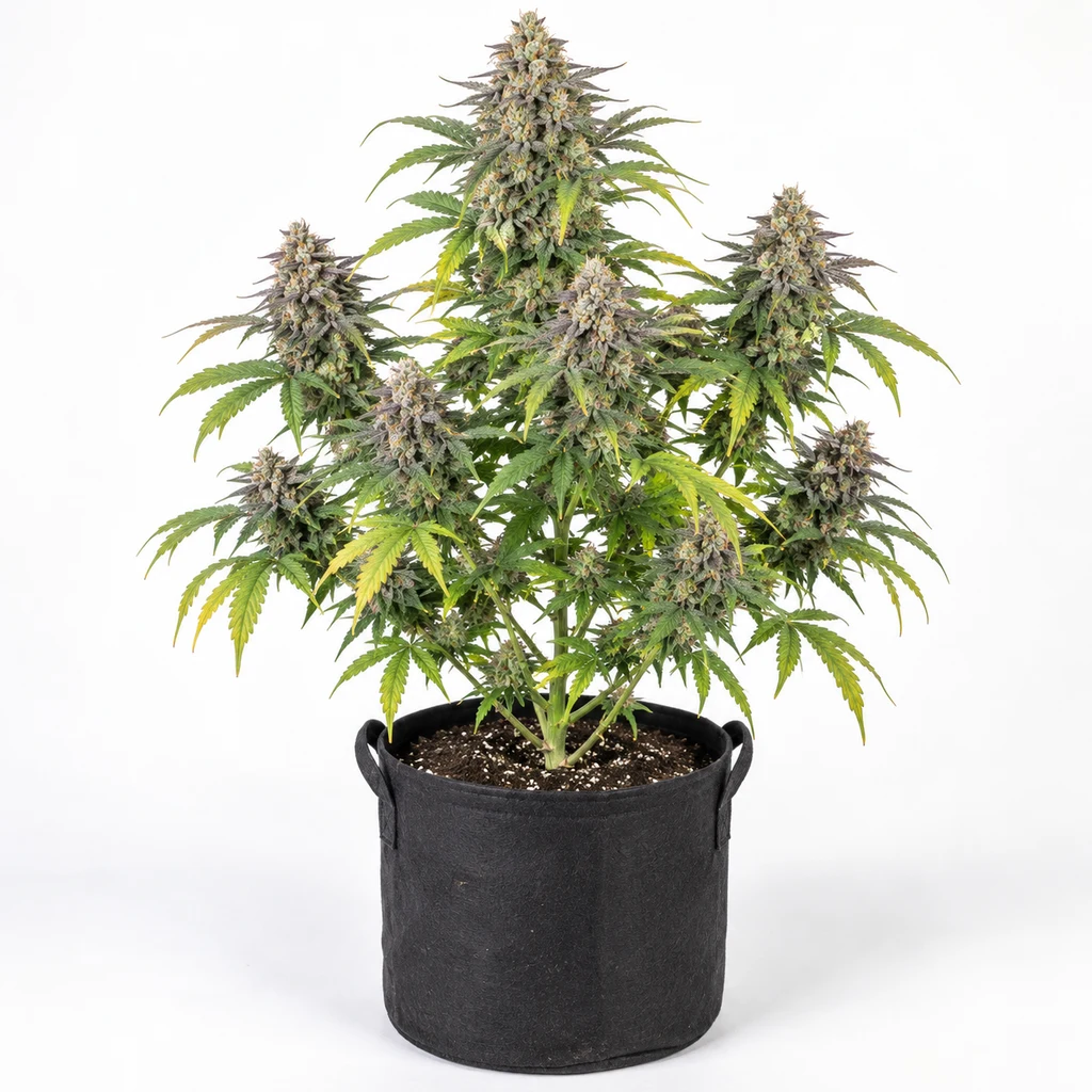 Ilustración de una planta de cannabis en floración en maceta negra, con varios cogollos, para la ficha de Auto Melonade Runtz.