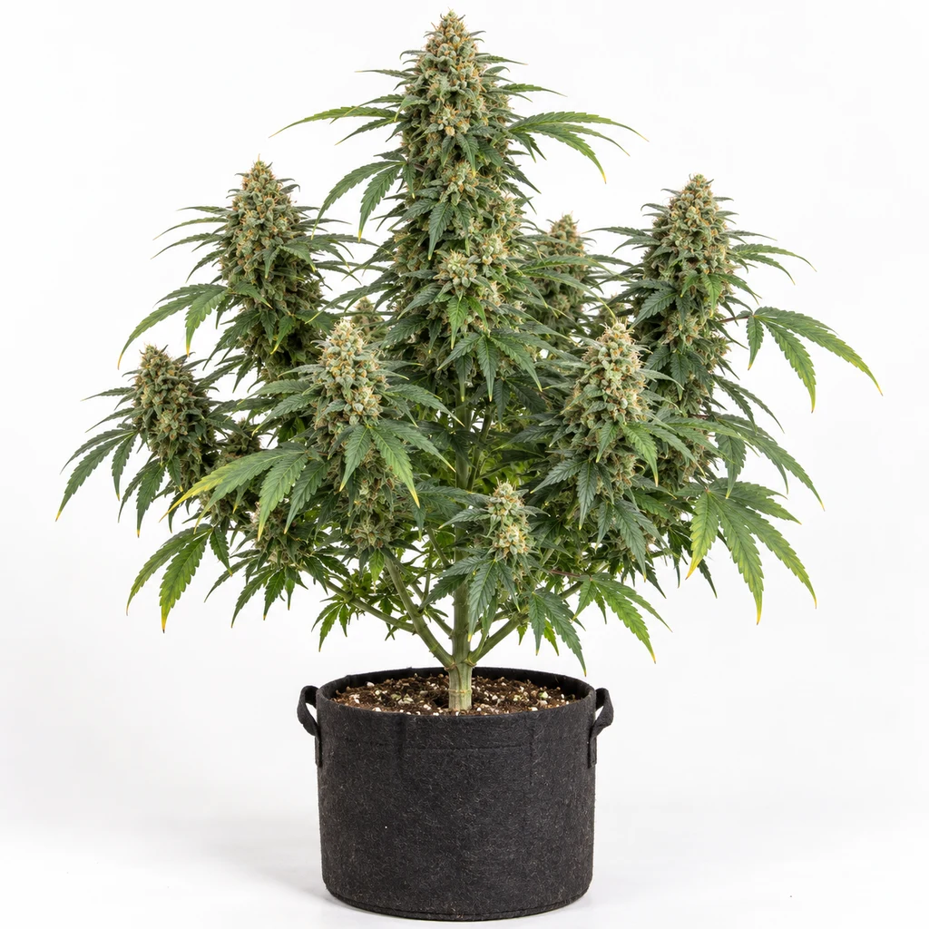 Ilustración de una planta de cannabis en floración en maceta textil negra para la ficha de Money Maker Feminizada.