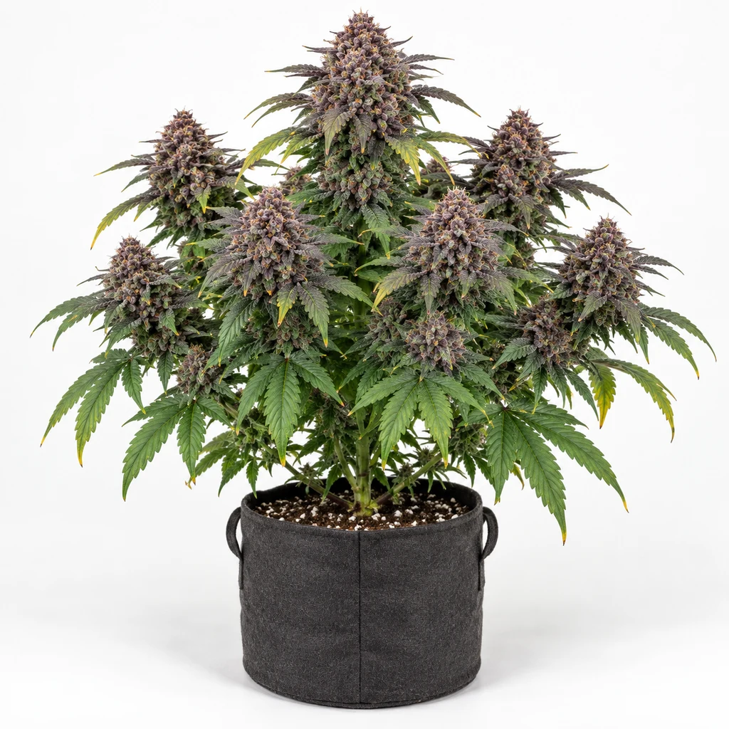 Ilustración de una planta para la ficha de Purple Punch de Royal Queen Seeds, con cogollos morados y hojas verdes en maceta gris con asas.