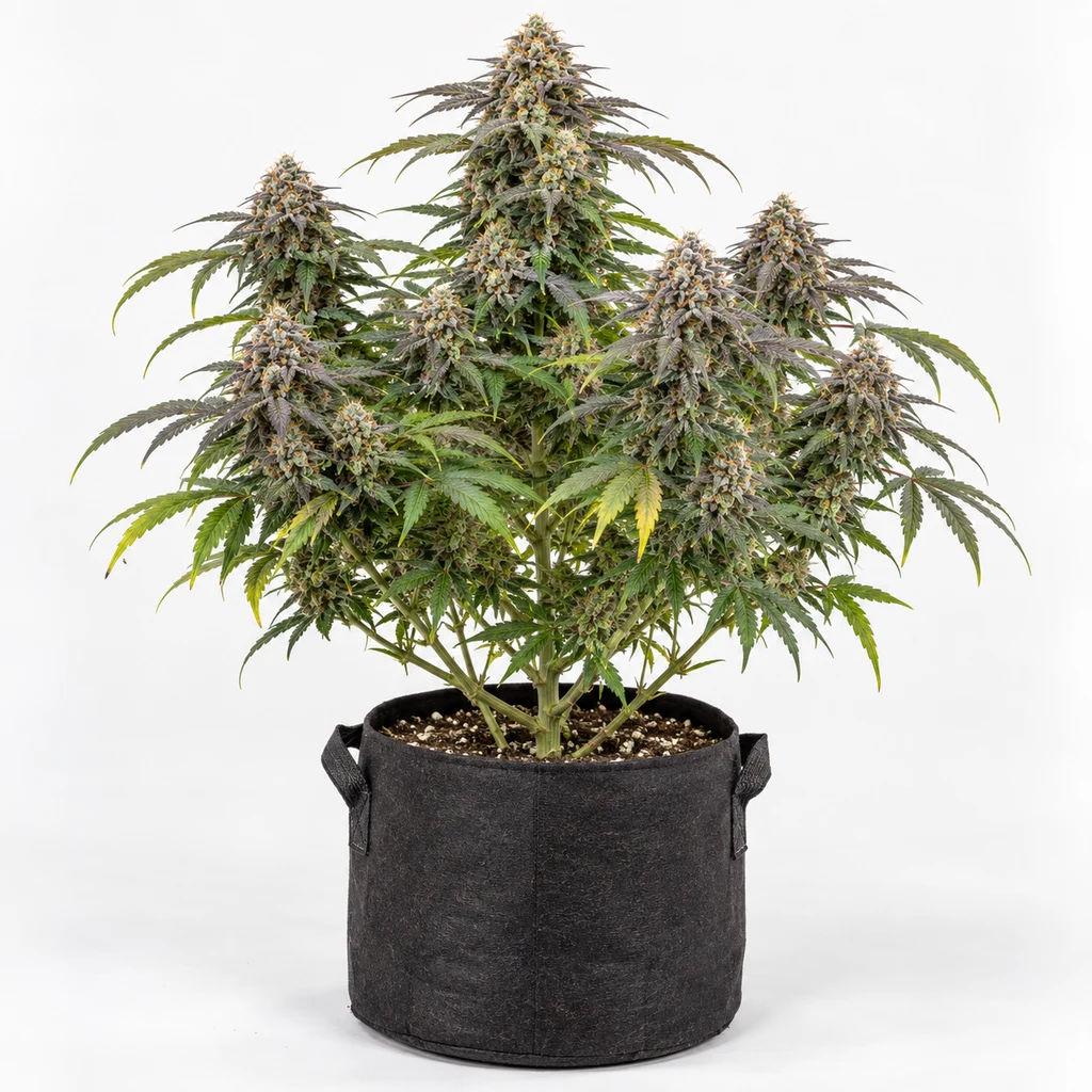 Ilustración de una planta en floración en maceta negra con asas para la ficha de Sunset Sherb X Hollywood Feminizada.