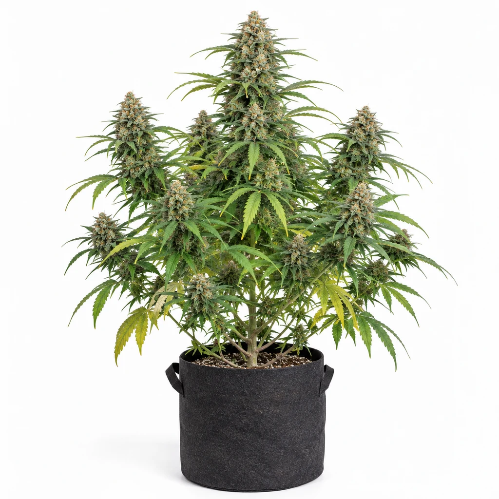 Ilustración de una planta de cannabis para la ficha de Outdoor Grapefruit, con flores alargadas y hojas verdes y amarillas en maceta negra.