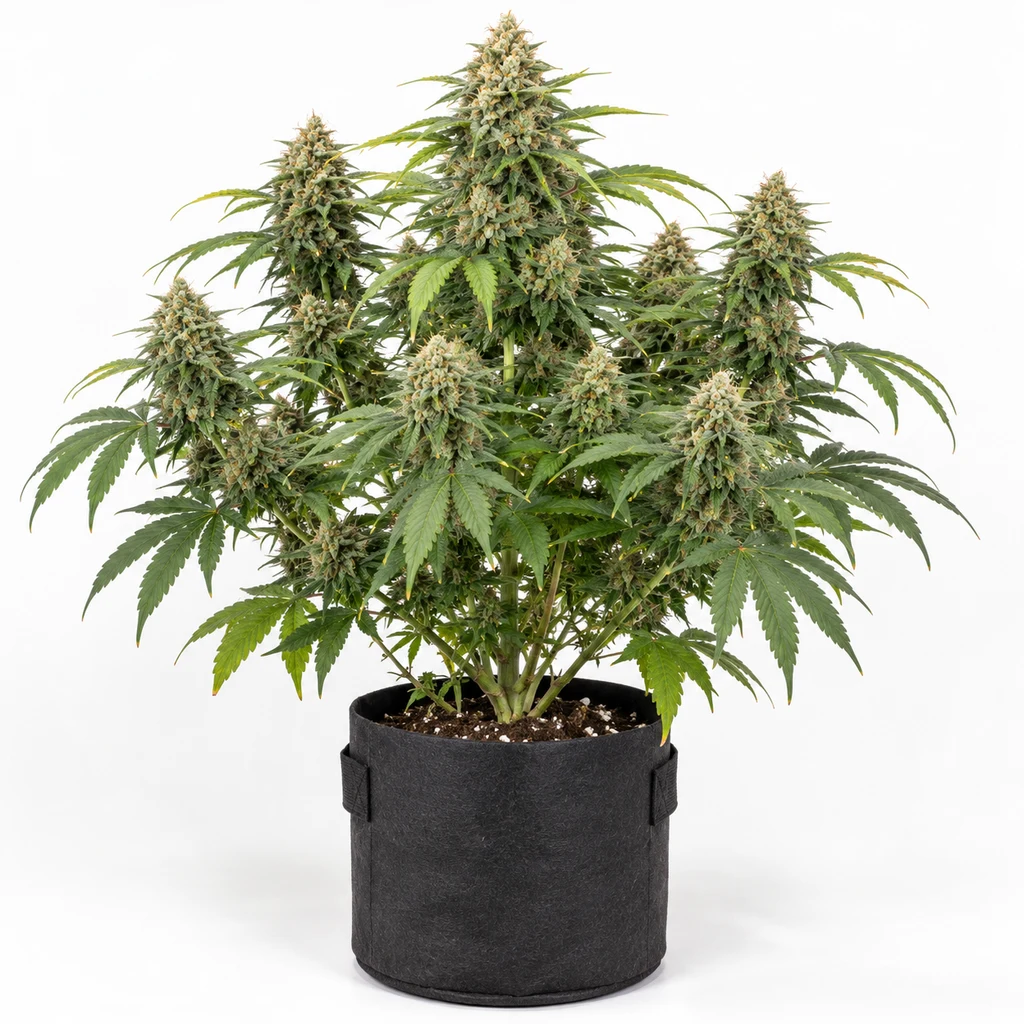 Ilustración de una planta con varias ramas floridas en maceta negra sobre fondo blanco, para la ficha de Guerilla Glue Feminizada de Bulk Seeds.