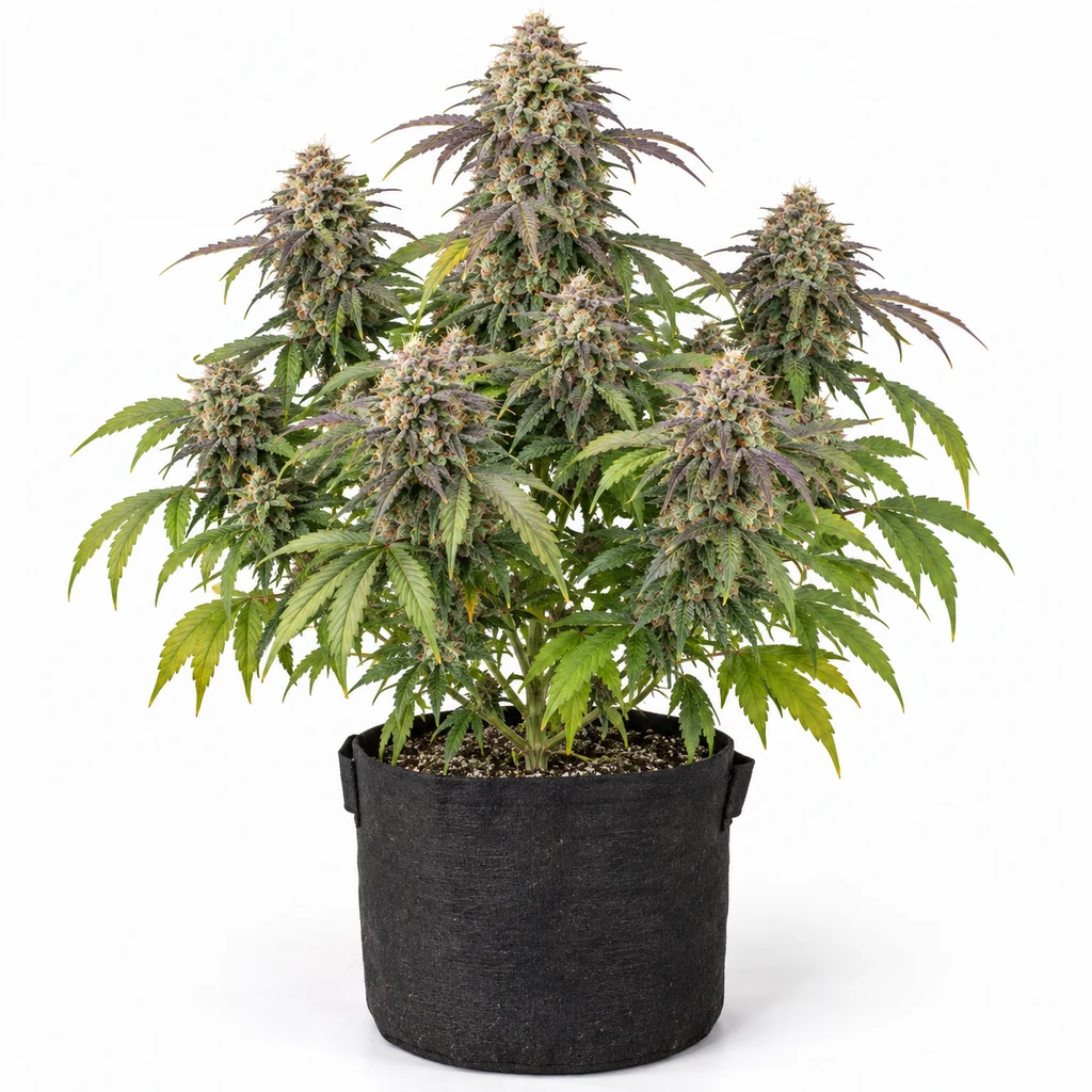 Ilustración de una planta de cannabis con cogollos voluminosos en maceta negra para la ficha de Tie Die Feminizada.