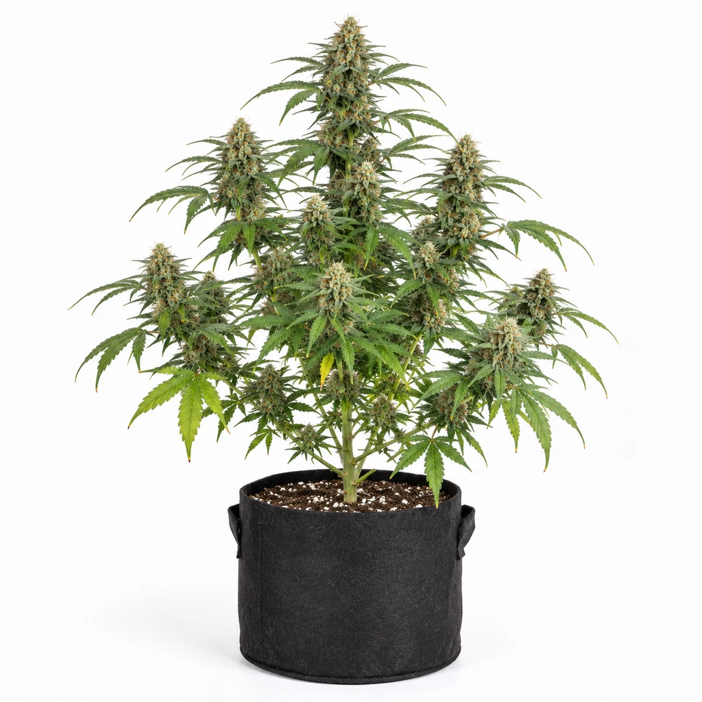 Ilustración de una planta de cannabis en floración para la ficha de Sour Jealousy Auto, en maceta negra y sobre fondo blanco.