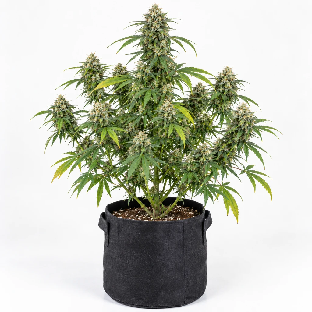 Ilustración de una planta de cannabis en floración para la ficha de Stress Killer Automatic CBD, en maceta textil negra sobre fondo blanco.