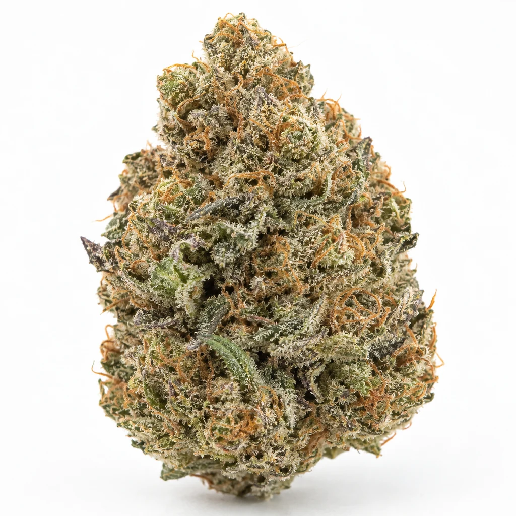 Ilustración de un cogollo alargado con tricomas claros y pistilos anaranjados para la ficha de Creamy Kush Gas Feminizada de World Breeders.