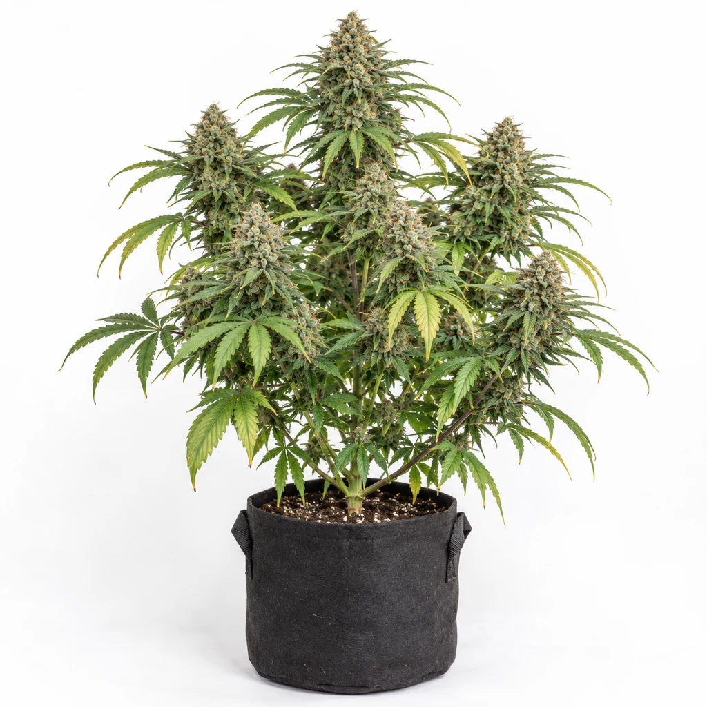 Ilustración de una planta con flores compactas y hojas verdes en maceta negra para la ficha de Shark CBD Feminizada.