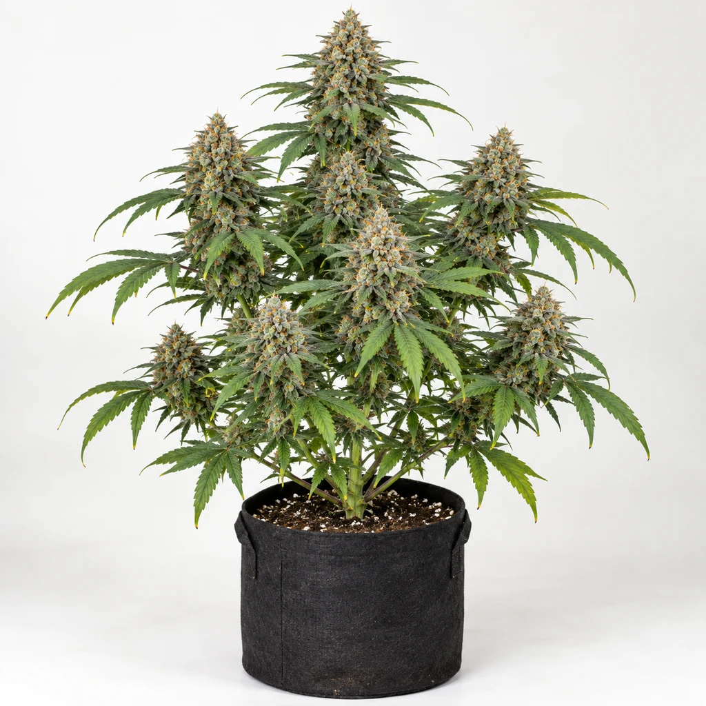 Ilustración de una planta de cannabis con flores densas en maceta negra para la ficha de MAC 1 Feminizada de Barney's Farm.