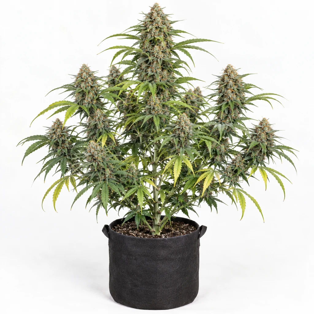 Ilustración de una planta de cannabis en floración en maceta negra, con cogollos y hojas verdes y amarillas, para la ficha de Tangie Matic Auto.