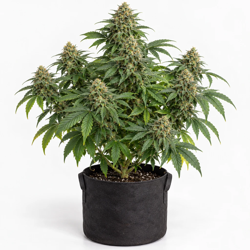 Ilustración de una planta en floración para la ficha de Hindu Kush, con varios cogollos y hojas verdes en una maceta negra.