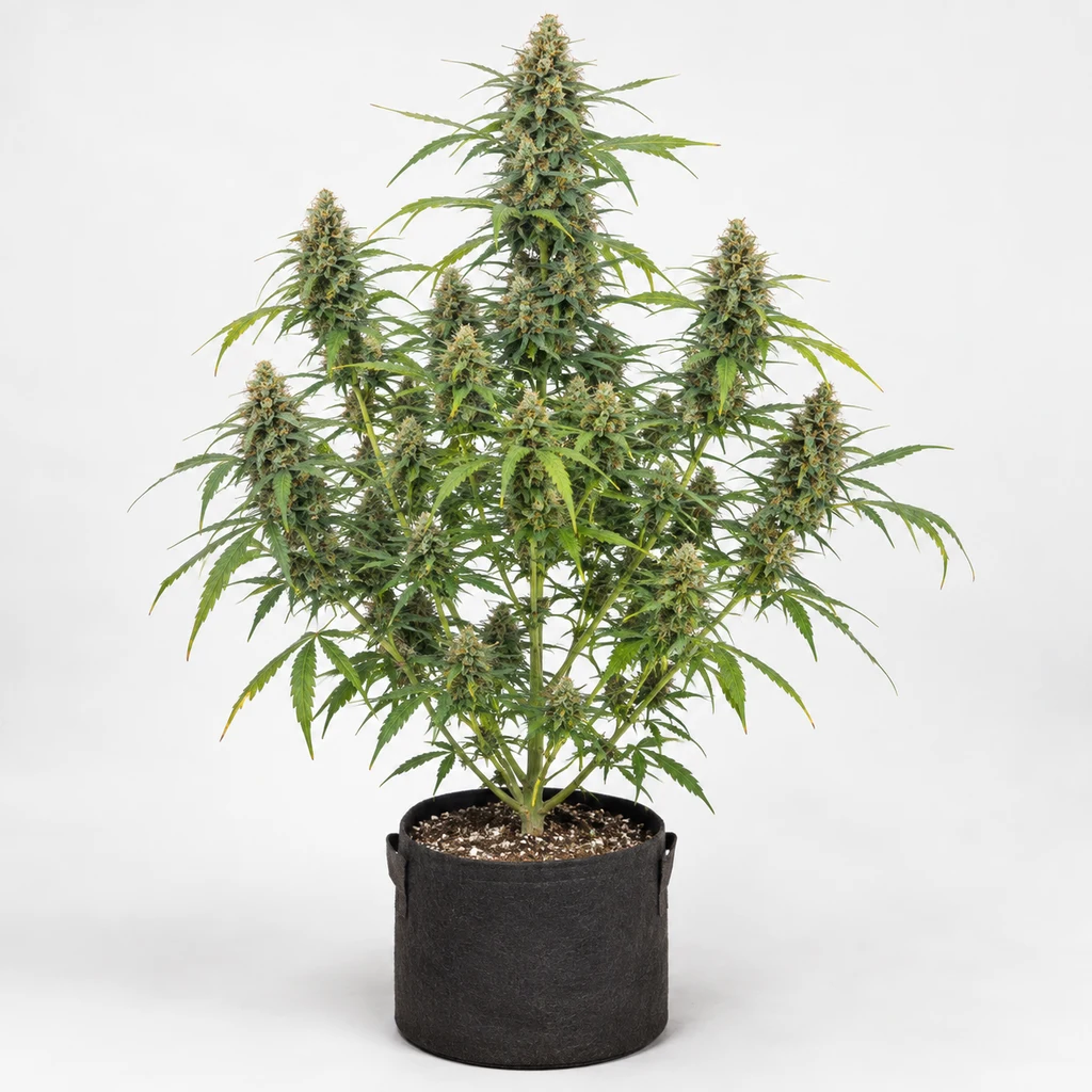Ilustración de una planta de cannabis en floración para la ficha de Durban Poison Auto, en maceta negra sobre fondo claro.