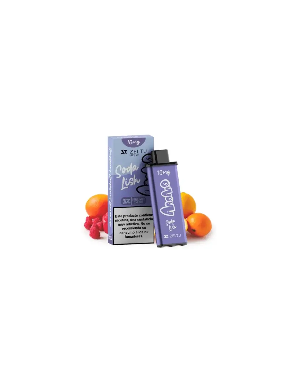 Pod morado Momo Soda Lish de Zeltu con boquilla negra junto a su caja, con la indicación 10 mg, frambuesas y frutas anaranjadas.