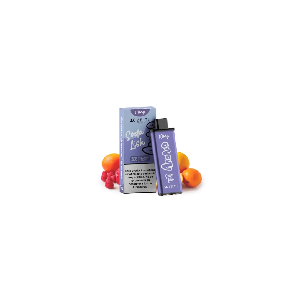 Pod morado Momo Soda Lish de Zeltu con boquilla negra junto a su caja, con la indicación 10 mg, frambuesas y frutas anaranjadas.