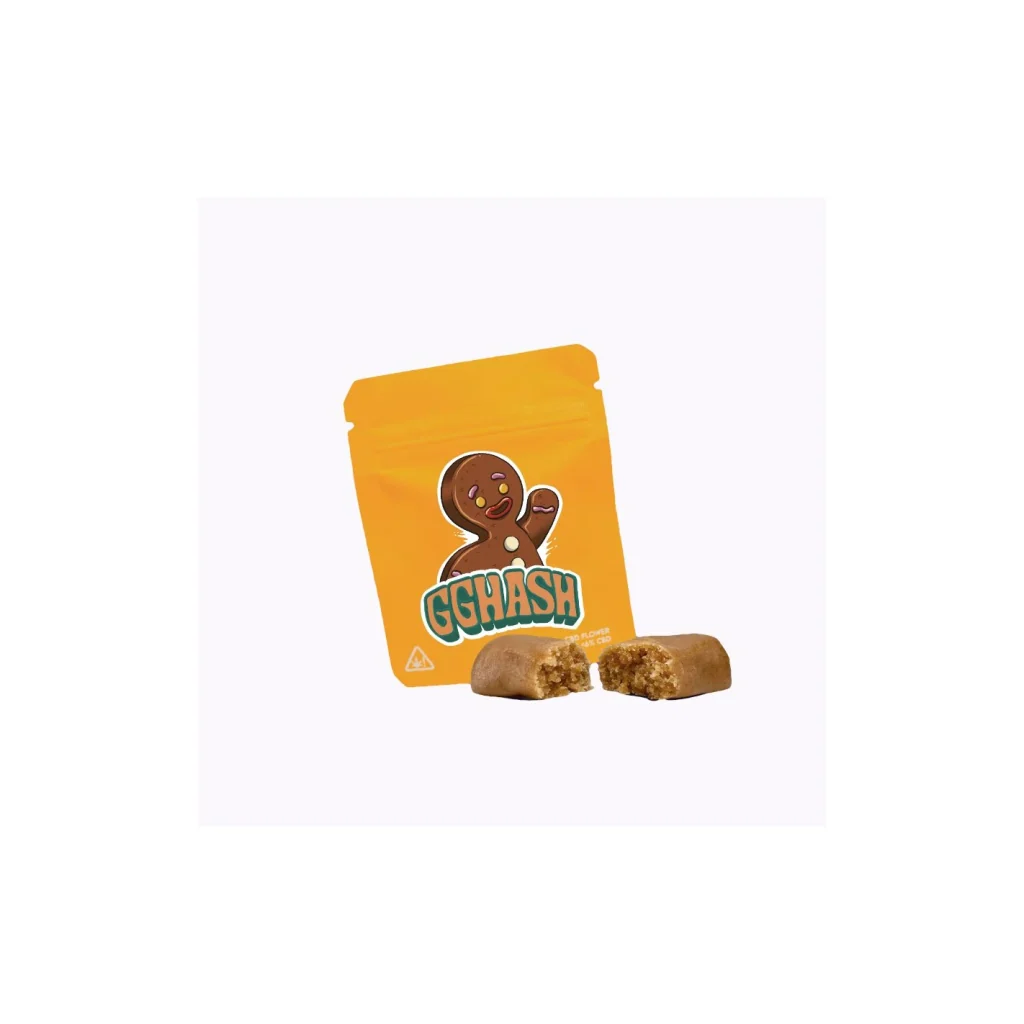 Bolsa naranja GG Hash con un personaje ilustrado y una pieza marrón partida delante, que muestra un interior de textura granulada.