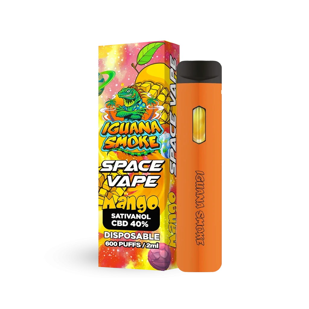 Pod desechable Space Vape Mango naranja con boquilla negra, junto a su caja multicolor con una iguana y el texto «CBD 40%».